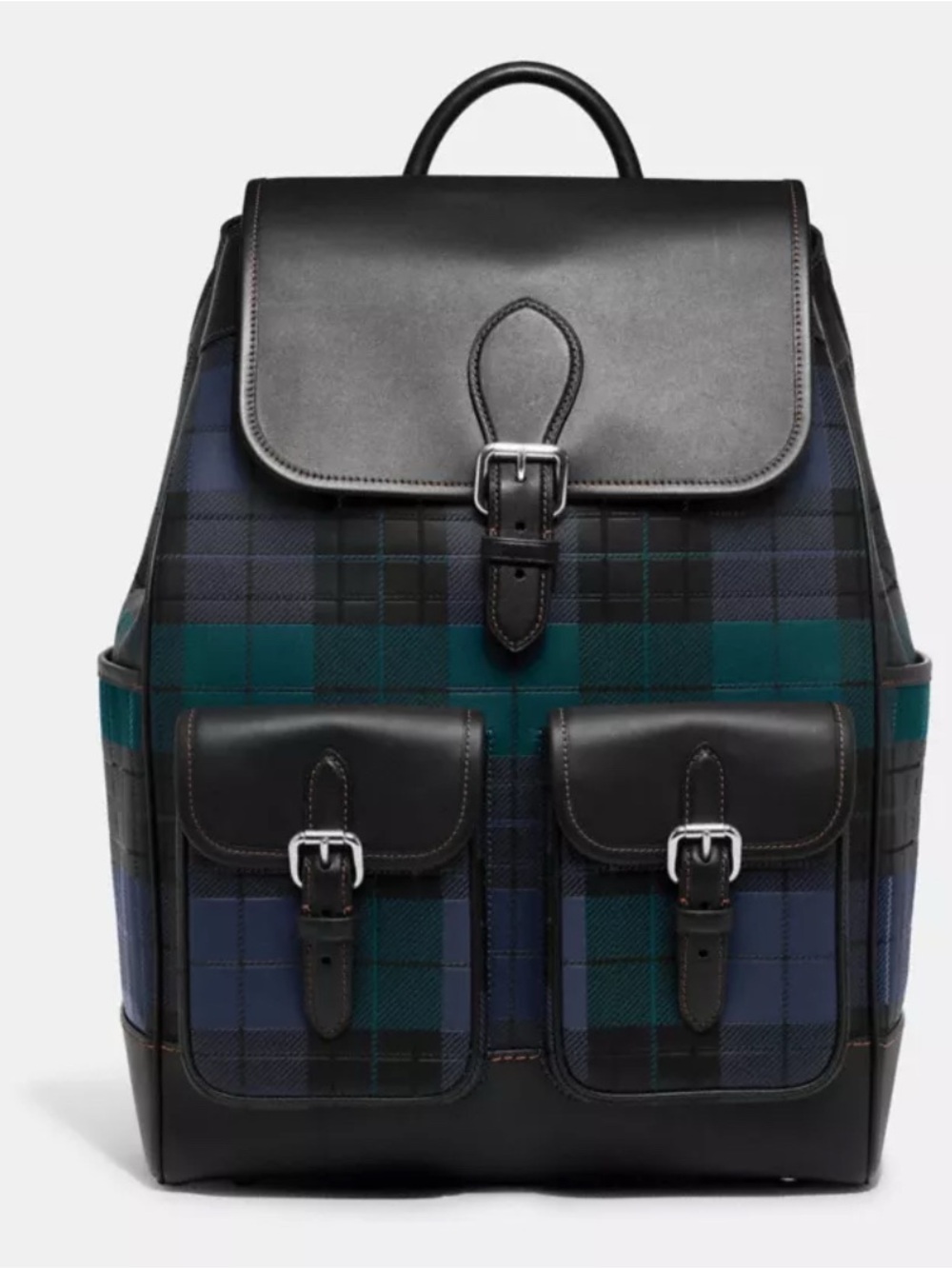 Coach Frankie Black Leather Trim Green and Navy Plaid Backpack - Picture 1 of 14